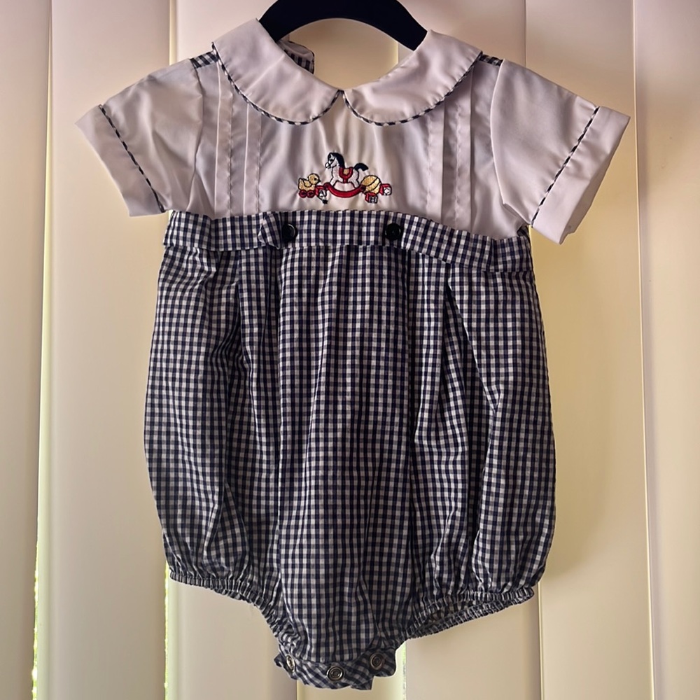 Adorable Blue and White Gingham Onesie Rocking Horse